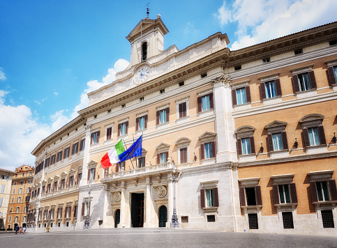 Montecitorio, facade of the building seat of the Chamber of Deputies of the Italian Parliament. Main entrance on Montecitorio square in the center of Rome.