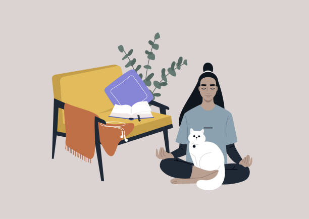 illustrazioni stock, clip art, cartoni animati e icone di tendenza di meditazione a casa, un giovane personaggio femminile seduto sul pavimento nel soggiorno con un gatto in grembo - brain case