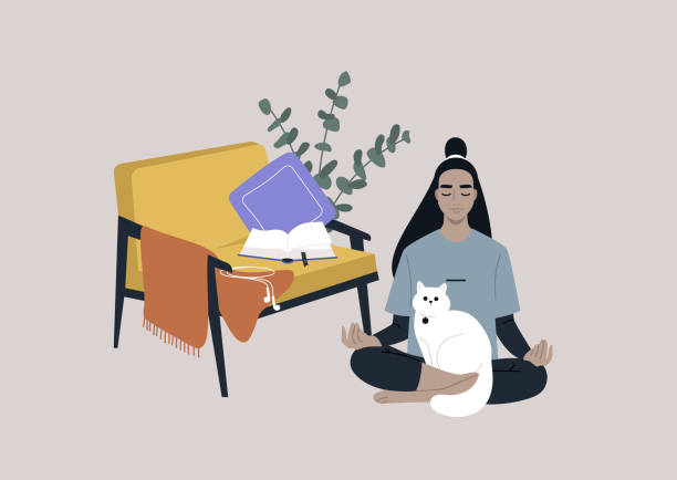 Meditation at home, a young female character sitting on the floor in the living room with a cat on their lap Meditation at home, a young female character sitting on the floor in the living room with a cat on their lap meditation room stock illustrations