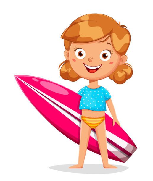 ilustrações, clipart, desenhos animados e ícones de personagem de desenho animado menina bonito com prancha de surfe - caucasian white background little girls isolated on white