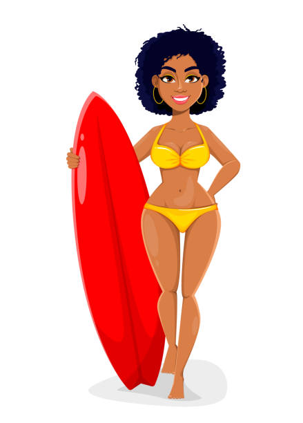 illustrazioni stock, clip art, cartoni animati e icone di tendenza di simpatico personaggio dei cartoni animati della ragazza di surf afroamericana - one person white background swimwear surfboard