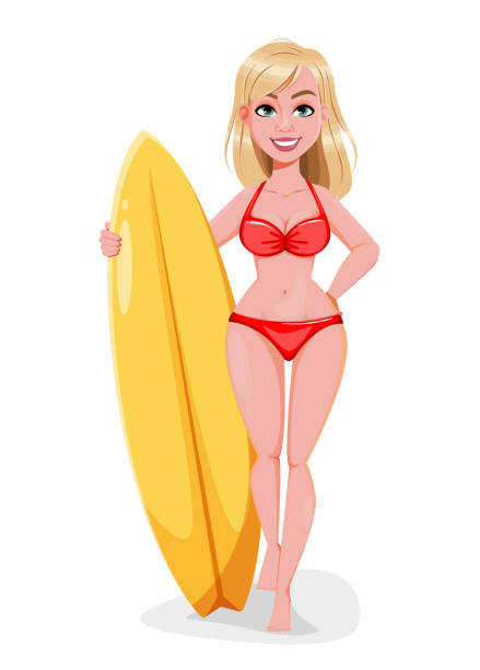 illustrazioni stock, clip art, cartoni animati e icone di tendenza di personaggio carino surf girl cartone animato - one person white background swimwear surfboard