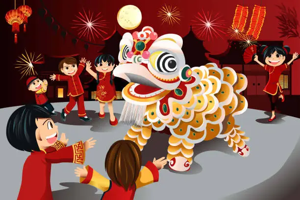 Vector illustration of Vector illustration of kids on Chinese New Year