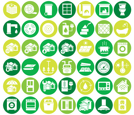 Vector illustration of a big set of home efficiency icons. Includes heating and cooling, windows and doors, air flow, bathroom fixtures, kitchen cabinet and appliances, lighting, gas heating and cooking, solar panel, weather conditions, smoke detector and co2 detector on green background. Simple set that includes vector eps and high resolution jpg in download.