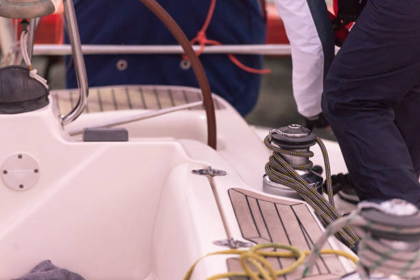 istock We wind the mooring lines on the winch on the yacht 1321031180