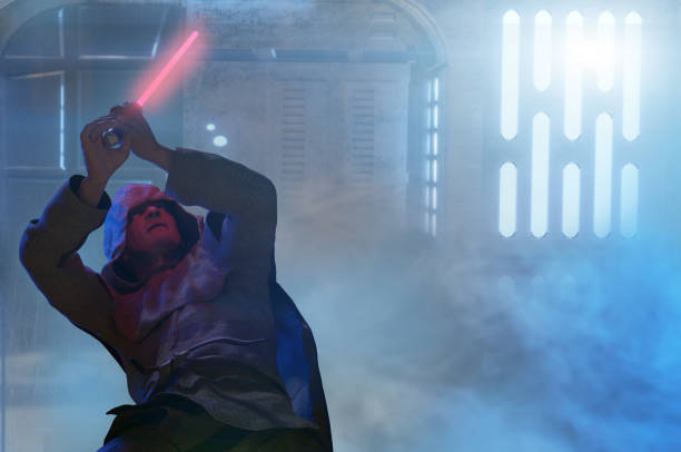 a man holds a laser lightsaber in his hands render 3d