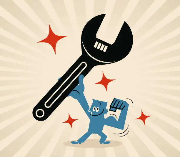 Vector illustration of The blue-collar worker is holding a big wrench and showing biceps