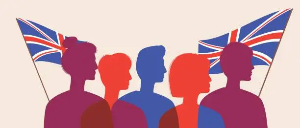 Vector illustration of Silhouettes of the British people with the flag of the United Kingdom, color vector stock illustration with People citizens of Great Britain as a crowd, group