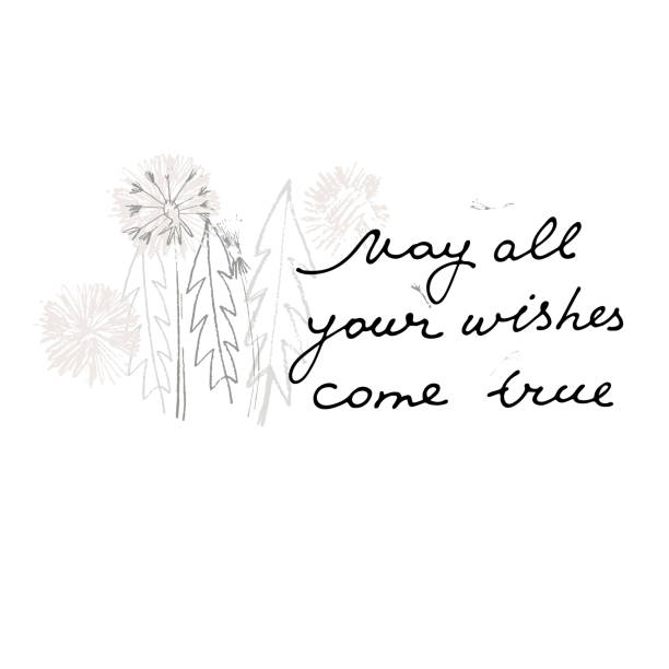 istock May All Your Wishes Come True vector card. Hand drawn illustration of dandelions with seeds blowing in the wind 1321043669