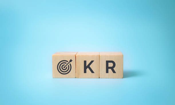 OKR text (Objectives, Key and Results) wooden cube blocks on blue background. Business target and drive business and performance. Focus on goal. Achieve business growth by flexible management texto okr (objetivos, clave y resultados) bloques de cubo de madera sobre fondo azul. objetivo de negocio e impulsar el negocio y el rendimiento. concéntrese en el objetivo. lograr el crecimiento del negocio mediante una gestión flexible