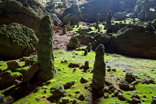 Moss covered rocks in Nimara Cave in Marmaris, Turkey