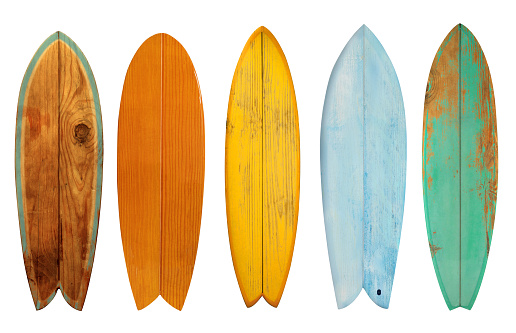 Collection of vintage wooden fish board surfboard isolated on white with clipping path for object, retro styles.