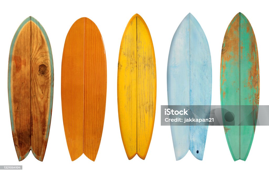 fishboard surfboard Collection of vintage wooden fish board surfboard isolated on white with clipping path for object, retro styles. Surfboard Stock Photo