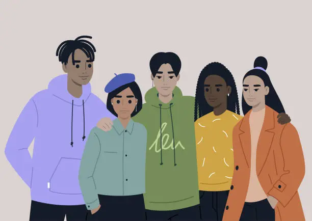 Vector illustration of A young diverse group of people hugging, a student team wearing rainbow clothes, lgbtq community