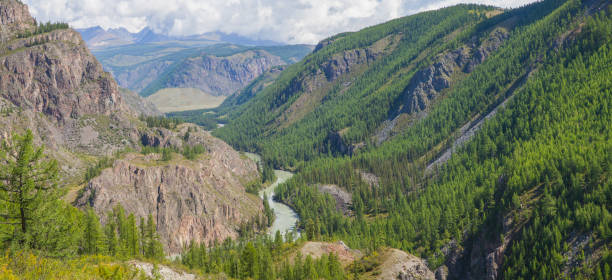 istock Mountain valley, wild river, green forests. Sunny summer day, blue sky with clouds. 1321055613