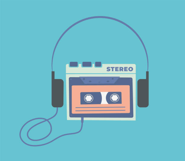 Stereo personal portable cassette player with headphones. Flat vector illustration Stereo personal portable cassette player with headphones. Walkman. Vintage, retro, old stereo music player. Vintage musical electronic device 80s, 90s. Nostalgia. Millennials. Colorful flat vector illustration. Isolated. Audio tape. Hipster retro style. personal stereo stock illustrations