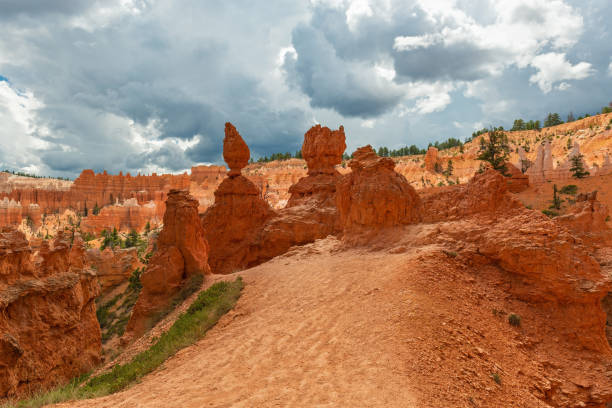 Dramatic thunder clouds above the sandstone hoodoos, Bryce Canyon national park, Utah, United States of America, USA.
