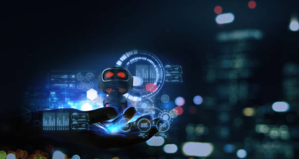 istock Futuristic technology and business concept -  human hand with virtual mixed augmented reality robot which use technology of artificial intelligence, chatbot, digital, data transformation, 5G 1321058098