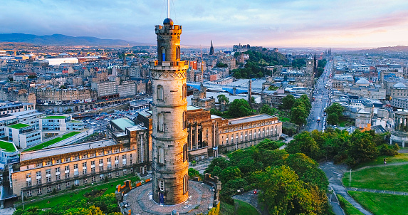 Aerial view of Calton Hill with Edinburgh city during sunset Scotland