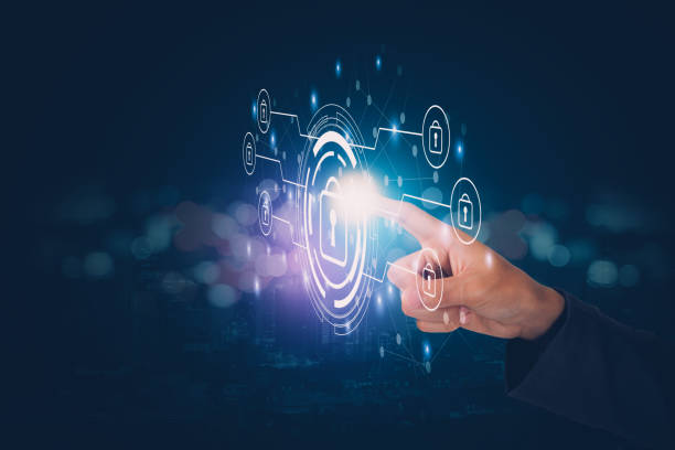 istock Finger of businessman pushing virtual lock icon while cyber security, access data and privacy with protection digital, innovation of system protect for identity, business futuristic concept. 1321060880