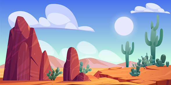 Desert landscape with rocks, cactuses and mountains on skyline. Vector cartoon illustration of hot sand desert in Africa with stones, dune, plants and sun in sky