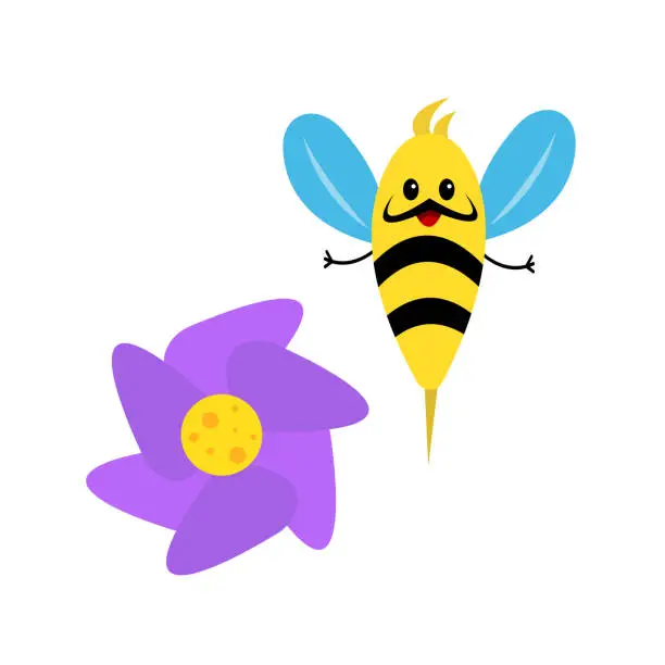 Vector illustration of bee with black stripes comedic cartoon character with mustache flying near purple flower isolated on white background
