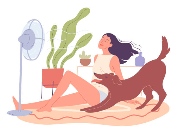 illustrations, cliparts, dessins animés et icônes de la fille et son chien se refroidissent à la maison par le ventilateur - ventilateur