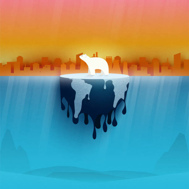 eisbär auf schmelzender erde. klimawandel und konzept der globalen erwärmung. temperaturanstieg und luftverschmutzung durch die industrie. umweltschutzressource nachhaltig. - polar bear arctic global warming nature stock-grafiken, -clipart, -cartoons und -symbole