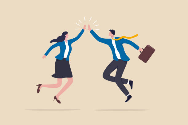 Team success winners, hi five or congratulation on business goal achievement, collaboration or encouragement concept, happy businessman and woman teamwork coworkers jumping and hi five clapping hands. Team success winners, hi five or congratulation on business goal achievement, collaboration or encouragement concept, happy businessman and woman teamwork coworkers jumping and hi five clapping hands. congratulating illustrations stock illustrations