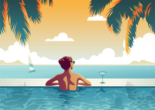 illustrazioni stock, clip art, cartoni animati e icone di tendenza di rilassante - swimming pool illustrations