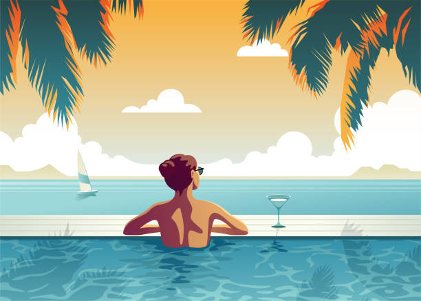 Relaxing A woman is relaxing in the pool, in a luxurious beachfront hotel at sunset, enjoying the perfect beach holiday looking at view illustrations stock illustrations