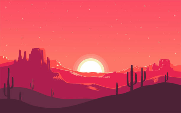 Decline in the desert Sunset in the wilderness. Sunrise over the desert. Starry sky over the sand. Red desert. Big cacti in a red wasteland. The glowing sun over the mountains. Colourful vector illustration EPS 10 horizon illustrations stock illustrations