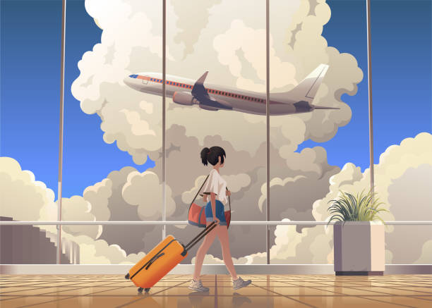 Tourist Tourist at the airport going to land. Take-off of the aircraft at the airport. Clouds in high windows. progress window stock illustrations