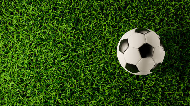 vista dall'alto del calcio o del calcio sul campo di erba. illustrazione di rendering 3d. - lawn ball circle green foto e immagini stock