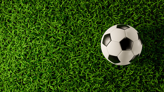 Top view of soccer or football on grass field, 3D rendering illustration.