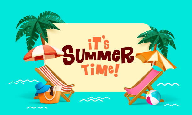 Its summer time! Summer beach vacation holiday theme with big sign. Its summer time! Summer beach vacation holiday theme with big sign. sand pail and shovel stock illustrations