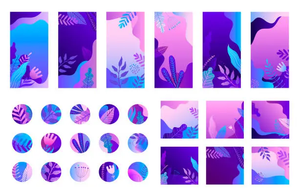 Vector illustration of Vector set of social net stories, posts, hilghlights. Trendy collection templates for social networks stories and posts, vector illustration. Design backgrounds for social media. Nature, leaves