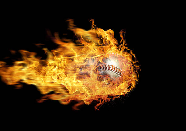 istock 3D rendering burning flame baseball ball and black background 1321076657