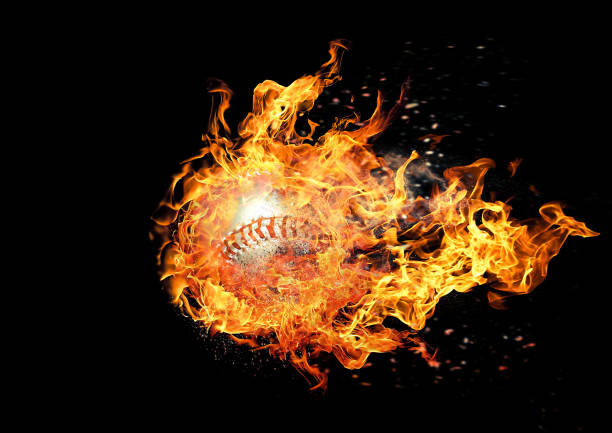 istock 3D rendering burning flame baseball ball and black background 1321076666