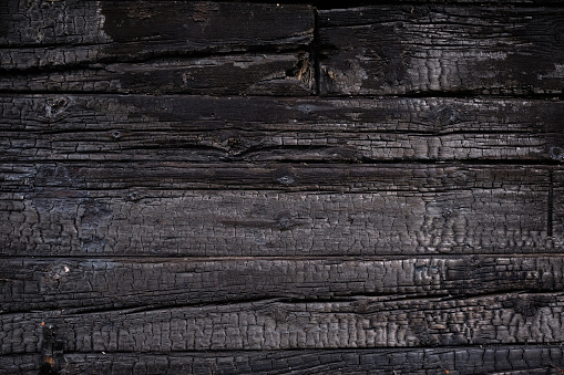 Burnt wooden Board texture. Burned scratched hardwood surface. Charred board