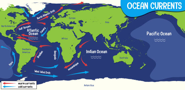 Ocean currents on world map background Ocean currents on world map background illustration tide stock illustrations