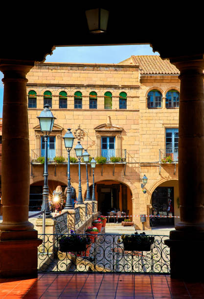 Barcelona, Spain. Traditional Spanish village (Poble Espanyol) architecture of the ancient medieval streets with lanterns.