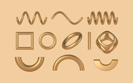 Gold geometric 3d shapes and design elements vector template set. Winding spirals wire with square and round torus frames. Scandinavian minimalist jewelry for creative fashion compositions.