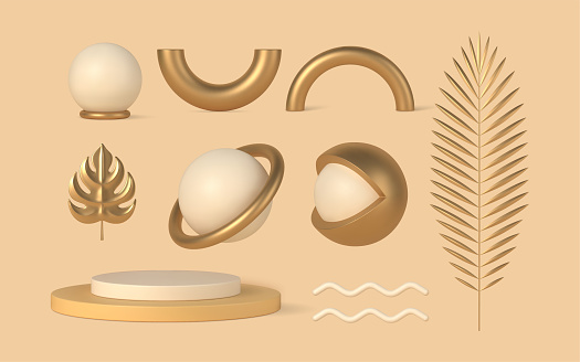 Gold jewelry for 3d interior design vector template set. Figurine Saturn with symbolic open boho eye and golden tropical metal leaves. Double podium and wavy lines for elite setting.