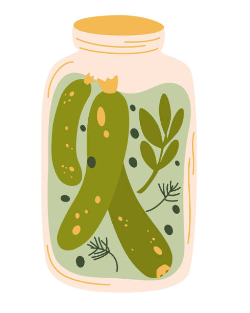 illustrazioni stock, clip art, cartoni animati e icone di tendenza di sottaceti in barattolo, barattolo isolato di cetrioli sottaceto. verdure fermentate. verdure marinate in lattina, produzione fatta in casa piena di probiotici. croccante gherkin con sale. prodotto biologico. vettore - pickled