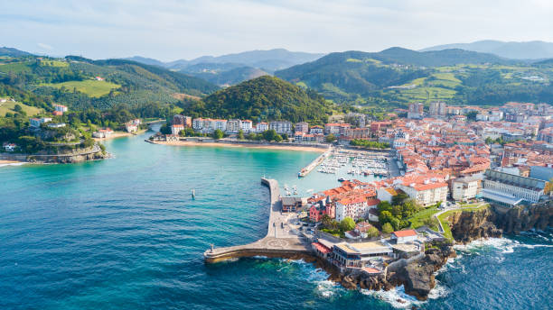 lekeitio is a fishing town located at basque country, Spain aerial view of lekeitio fishing town, Basque country Lea stock pictures, royalty-free photos & images