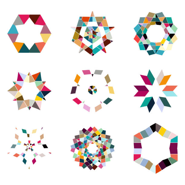 화려한 모자이크 플로럴 무늬 버튼 아이콘 컬렉션 디자인 세트 - kaleidoscope stock illustrations