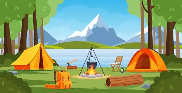 Vector illustration of Summer camp in forest with bonfire, tent, backpack and lantern.