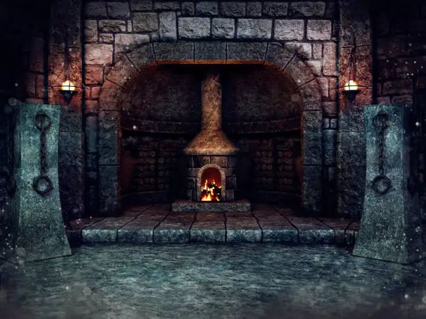 Old stove with fire in a dungeon basement with shackles and torches. 3D render.