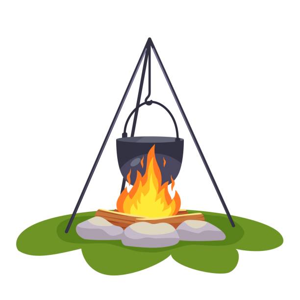 焚き火の上のキャ ンプポット - キャンプ　準備点のイラスト素材／クリップアート素材／マンガ素材／アイコン素材
